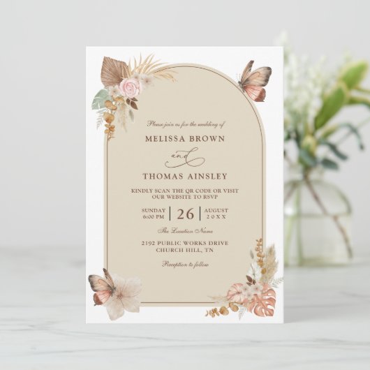 Invitation Boho Flowers Elegant Modern Budget QR Code Wedding (Debout devant)