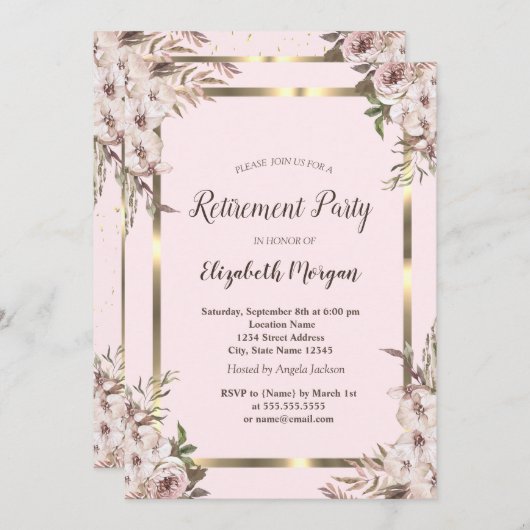 Invitation Boho Flowers Gold Frame Blush Pink Retirement (Devant / Derrière)