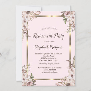 Invitation Boho Flowers Gold Frame Blush Pink Retirement