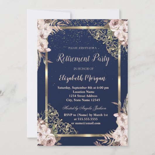 Invitation Boho Flowers Gold Frame Marine Blue Retraite (Devant)