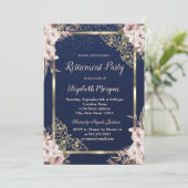 Invitation Boho Flowers Gold Frame Marine Blue Retraite (Debout devant)