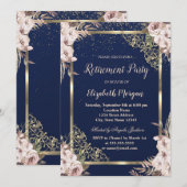 Invitation Boho Flowers Gold Frame Marine Blue Retraite (Devant / Derrière)