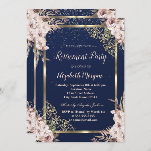 Invitation Boho Flowers Gold Frame Marine Blue Retraite (Devant / Derrière)