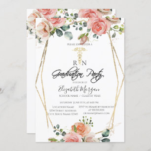 Invitation Boho Flowers Gold Frame RN Nurse Graduation Party