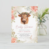 Invitation Boho Flowers Highland Cow Baby shower (Debout devant)