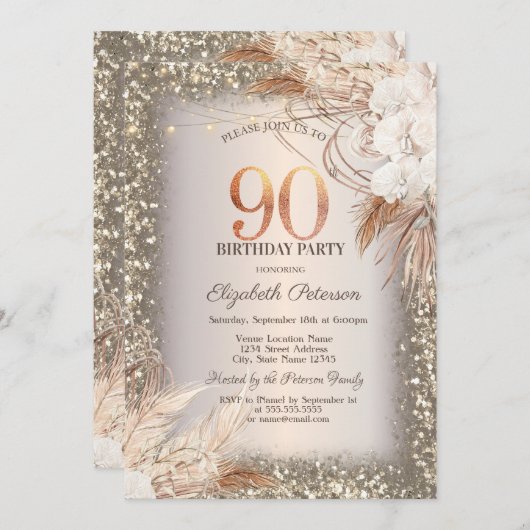 Invitation Boho Flowers, Lumières Parties scintillant cadre 9 (Devant / Derrière)