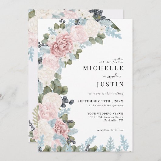 Invitation Boho Flowers Mariage d'hiver (Devant / Derrière)