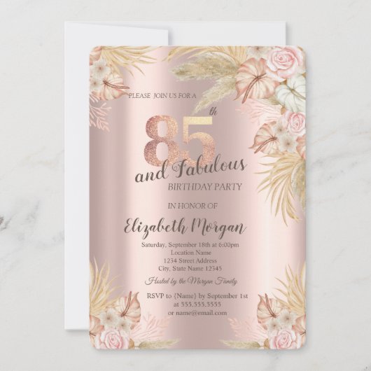 Invitation Boho Flowers, Pampas Grass Rose Gold 85e anniversa (Devant)