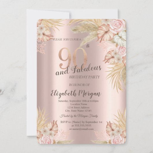 Invitation Boho Flowers, Pampas Grass Rose Gold 90e anniversa (Devant)