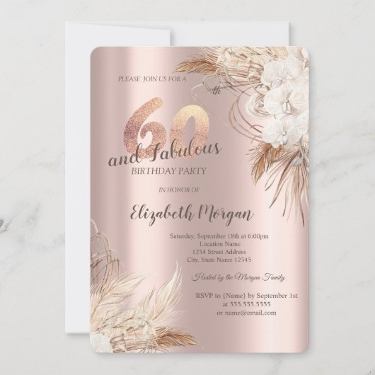 Invitation Boho Flowers Pampas Grass Rose Or 60e anniversaire (Devant)