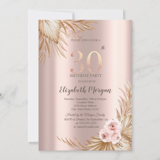 Invitation Boho Flowers Pampas Rose Gold 30e anniversaire (Devant)