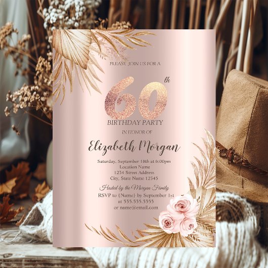 Invitation Boho Flowers Pampas Rose Gold 60e anniversaire
