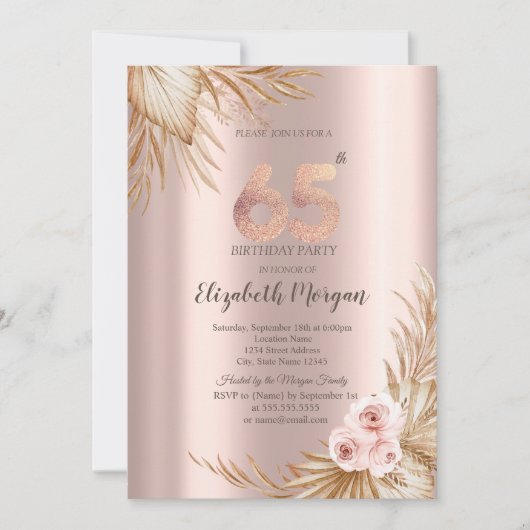 Invitation Boho Flowers Pampas Rose Gold 65e anniversaire (Devant)