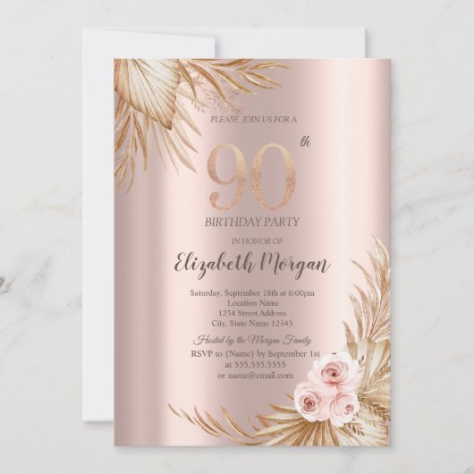 Invitation Boho Flowers Pampas Rose Gold 90e anniversaire (Devant)