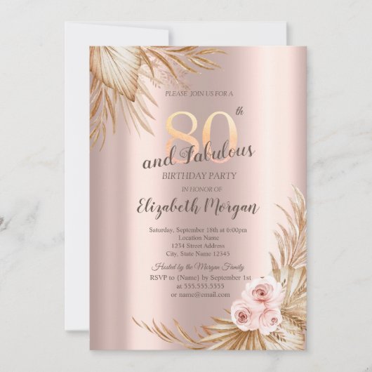 Invitation Boho Flowers Pampas Rose or 80e anniversaire (Devant)