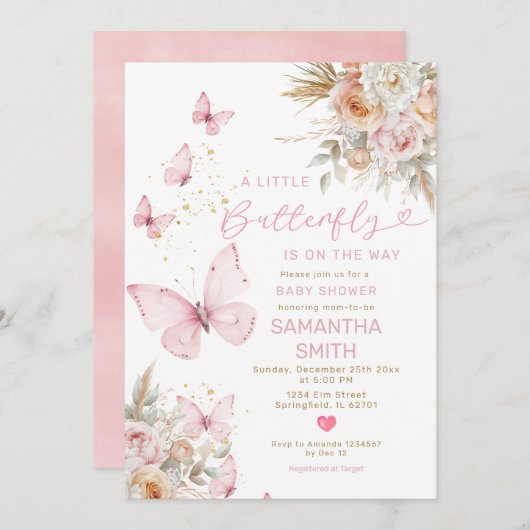 Invitation Boho Flowers Papillon sur le chemin Baby shower (Devant / Derrière)