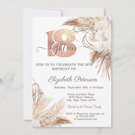 Invitation Boho Flowers Pois 18e anniversaire (Devant)