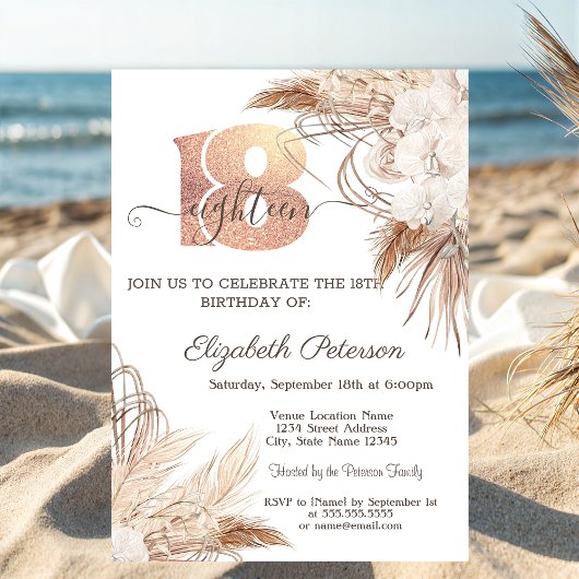 Invitation Boho Flowers Pois 18e anniversaire