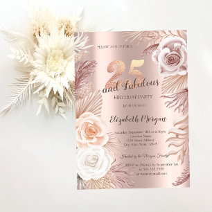 Invitation Boho Flowers Rose Gold 25e fête d'anniversaire