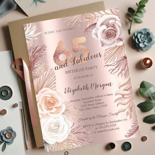 Invitation Boho Flowers Rose Gold 65e fête d'anniversaire