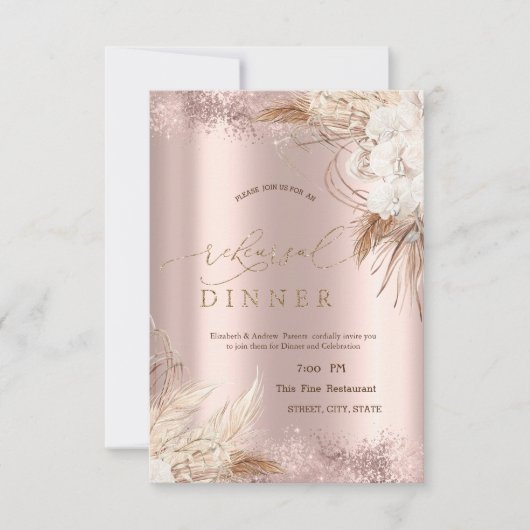 Invitation Boho Flowers Rose Gold Confetti Dîner de répétitio (Devant)