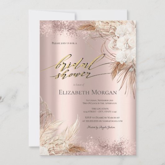 Invitation Boho Flowers Rose Gold Confetti Fête des mariées (Devant)