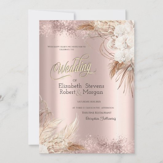 Invitation Boho Flowers Rose Gold Confetti Mariage (Devant)