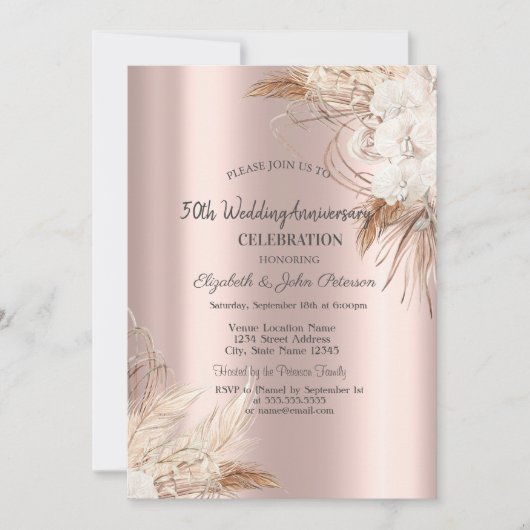 Invitation Boho Flowers Rose Gold Mariage Anniversaire (Devant)