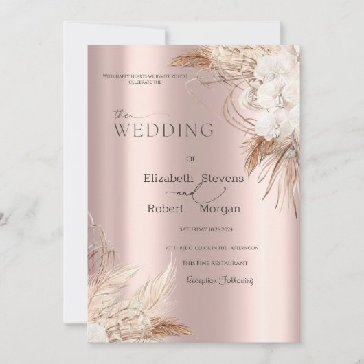 Invitation Boho Flowers Rose Mariage or (Devant)