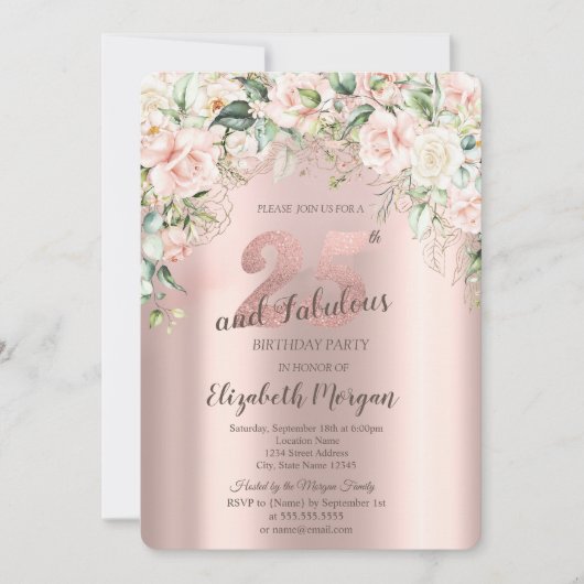 Invitation Boho Flowers Rose Rose Gold 25e anniversaire (Devant)