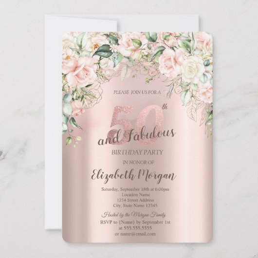 Invitation Boho Flowers Rose Rose Gold 50e anniversaire (Devant)