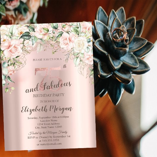 Invitation Boho Flowers Rose Rose Gold 75e anniversaire