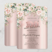 Invitation Boho Flowers Rose Rose or 100e anniversaire (Devant / Derrière)