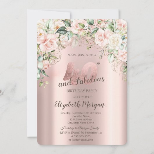 Invitation Boho Flowers Rose Rose or 40e anniversaire (Devant)