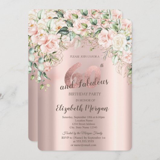 Invitation Boho Flowers Rose Rose Or 60e anniversaire (Devant / Derrière)