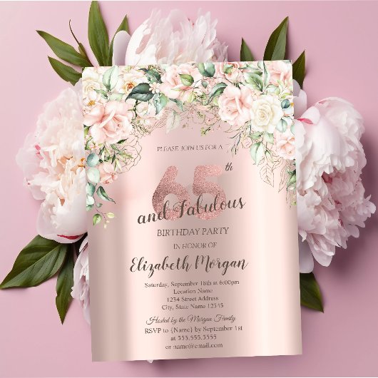 Invitation Boho Flowers Rose Rose Or 65e anniversaire