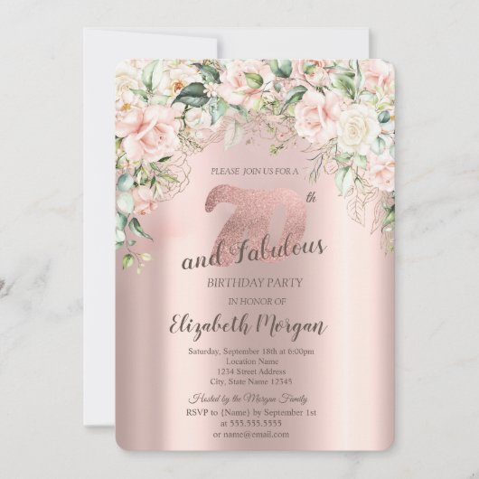 Invitation Boho Flowers Rose Rose or 70e anniversaire (Devant)