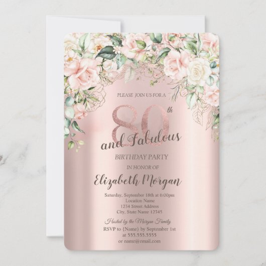 Invitation Boho Flowers Rose Rose or 80e anniversaire (Devant)