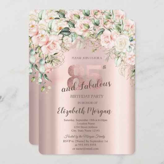 Invitation Boho Flowers Rose Rose Or 85e anniversaire (Devant / Derrière)