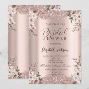 Invitation Boho Flowers Shiny Frame Rose Fête des mariées or