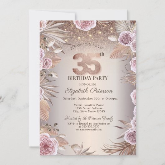 Invitation Boho Flowers, String Lights Bokeh 35e anniversaire (Devant)