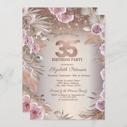 Invitation Boho Flowers, String Lights Bokeh 35e anniversaire (Devant / Derrière)