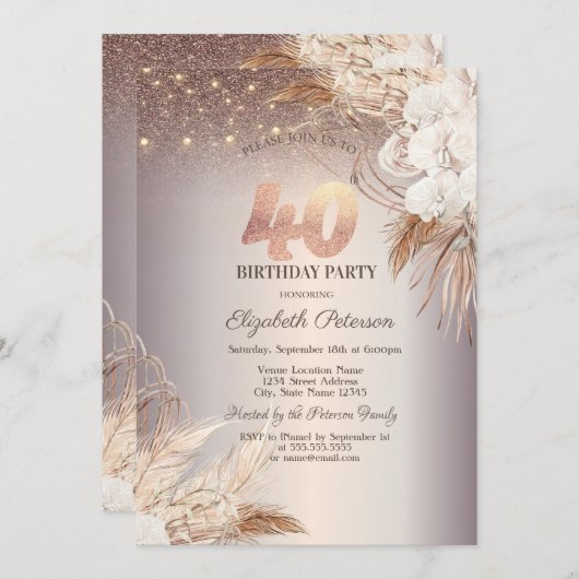 Invitation Boho Flowers, String Lights Parties scintillant 40 (Devant / Derrière)
