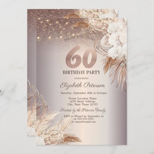 Invitation Boho Flowers, String Lights Parties scintillant 60 (Devant / Derrière)