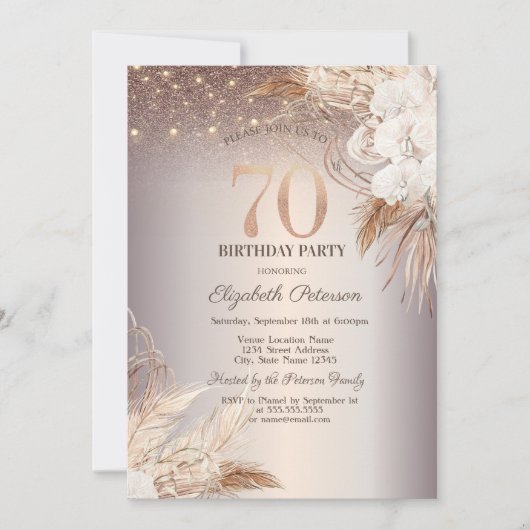 Invitation Boho Flowers, String Lights Parties scintillant 70 (Devant)