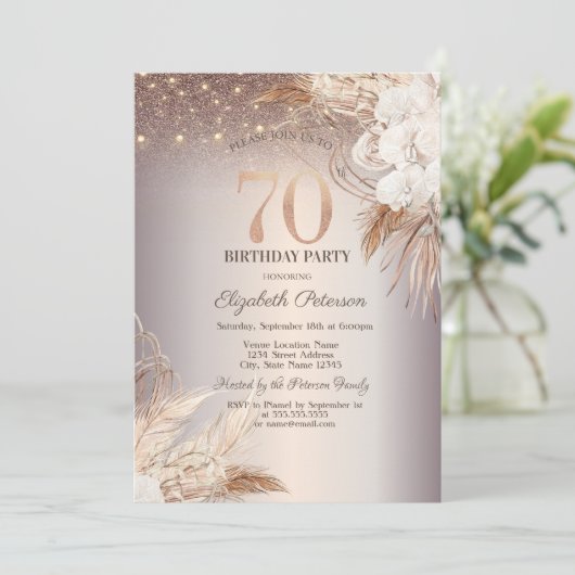 Invitation Boho Flowers, String Lights Parties scintillant 70 (Debout devant)