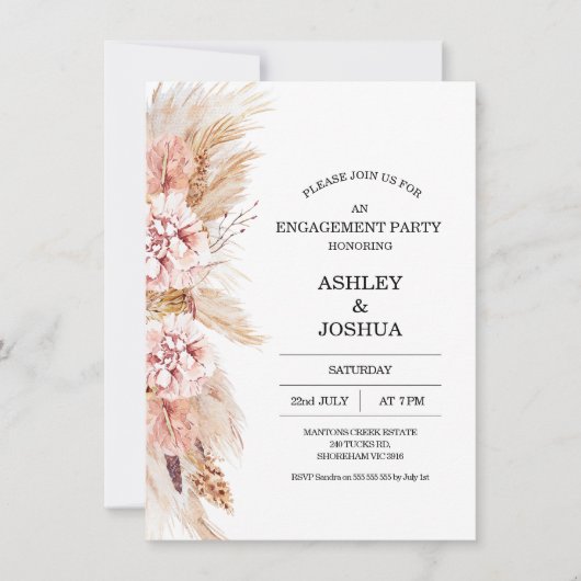 Invitation Boho flush Pampas Grass Fiançailles (Devant)