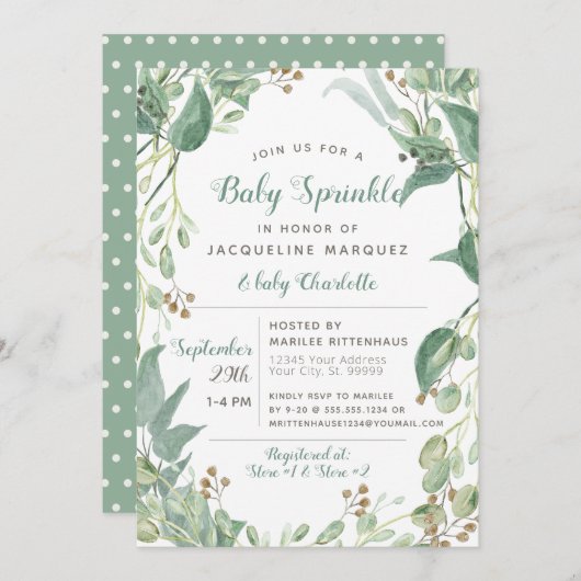 Invitation BOHO Foliage Eucalyptus Verdure Bébé Parsemer (Devant / Derrière)