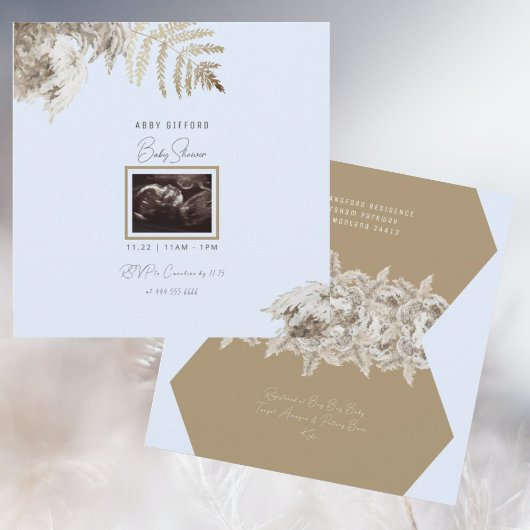 Invitation Boho Foliage Ultrasound Blue Baby shower Invitatia