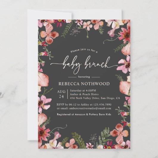 Invitation Boho foncé moderne Florales Verdure Bébé Brunch (Devant)